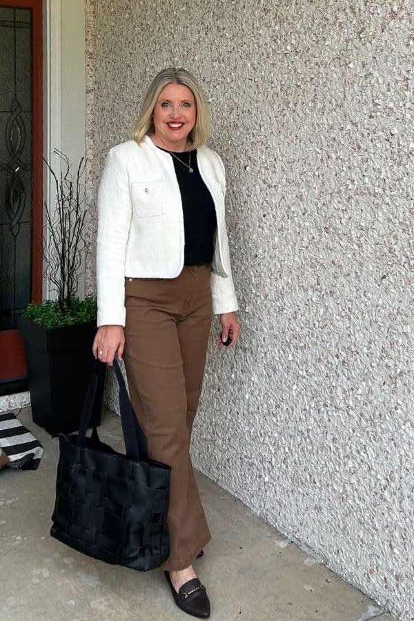 Navy Blazer with Blue Jeans on a woman over 50, fall outfit idea