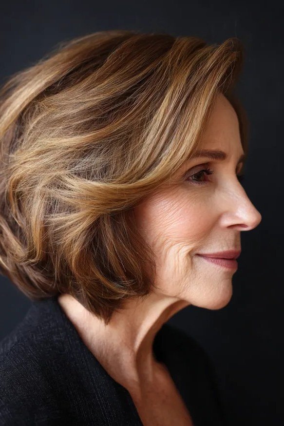 Brown Side-Profile Bob - short wavy bob hairstyle for women over 60