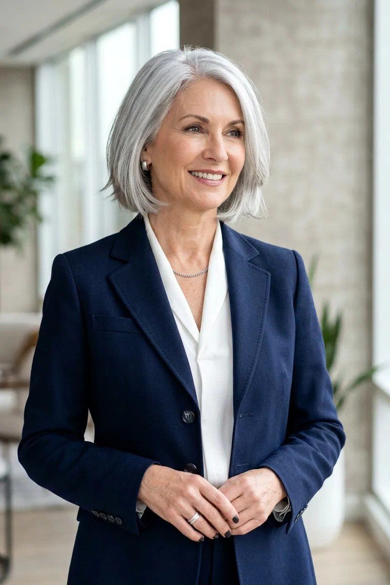 Navy blazer with a white top for women over 50 at work