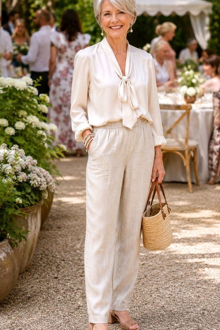 Gray-haired woman in white tie-neck blouse with white trousers and straw bag at garden party