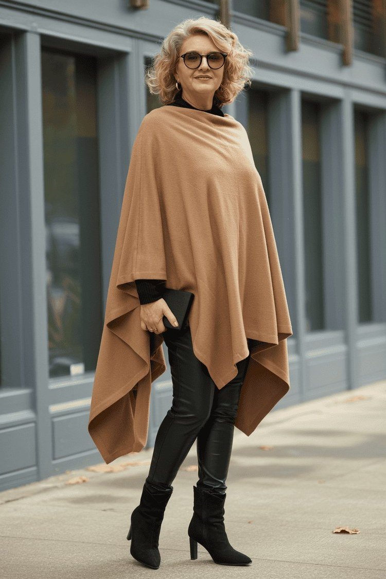 Camel Poncho with Leather Leggings - fall outfit for women over 40