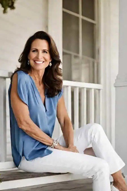 blue sleeveless top with white trousers, relaxed elegant outfit for women over 50