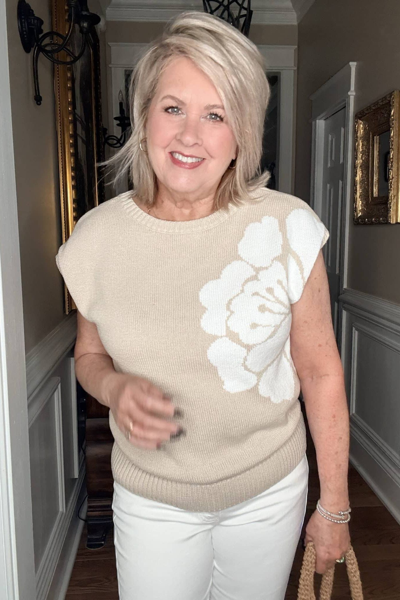 cream floral knit top white jeans over 50