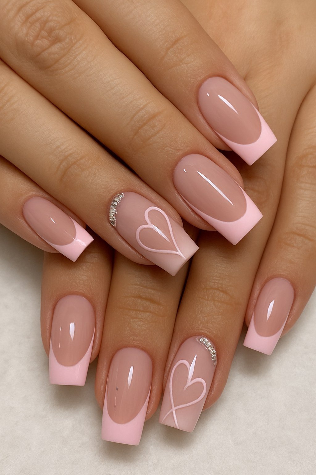 Pink French manicure with white heart nail art