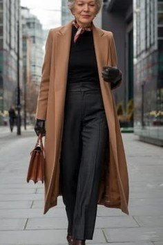 Effortlessly chic fall outfit for women over 60: camel coat over black top and charcoal trousers