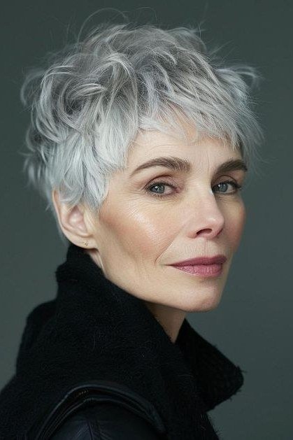 White pixie, front view, micro pixie cut for women over 60 going silver