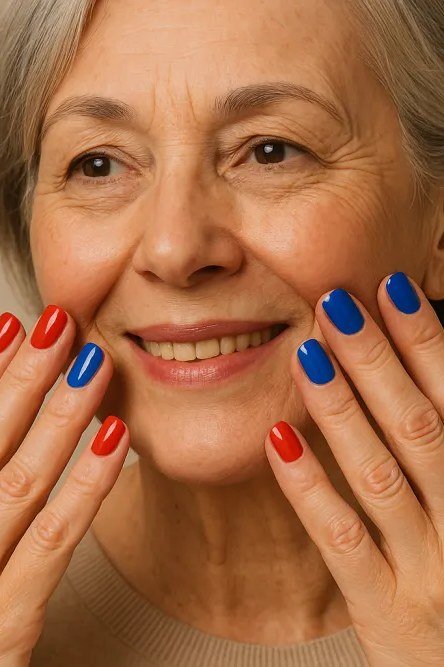 Two tone cobalt blue and red nails one hand each
