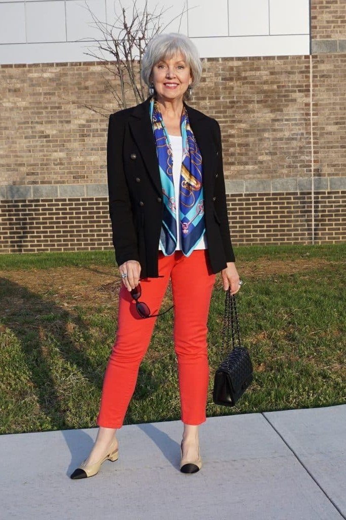 Black Blazer with Red Trousers and Colorful Scarf - business outfit for women over 50