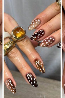 Spotted almond nails with amber rings glossy fawn print nails
