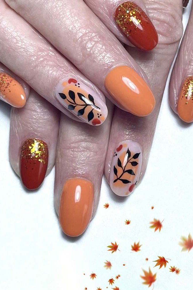 Burnt Orange with Leaf Art nail design for women over 40