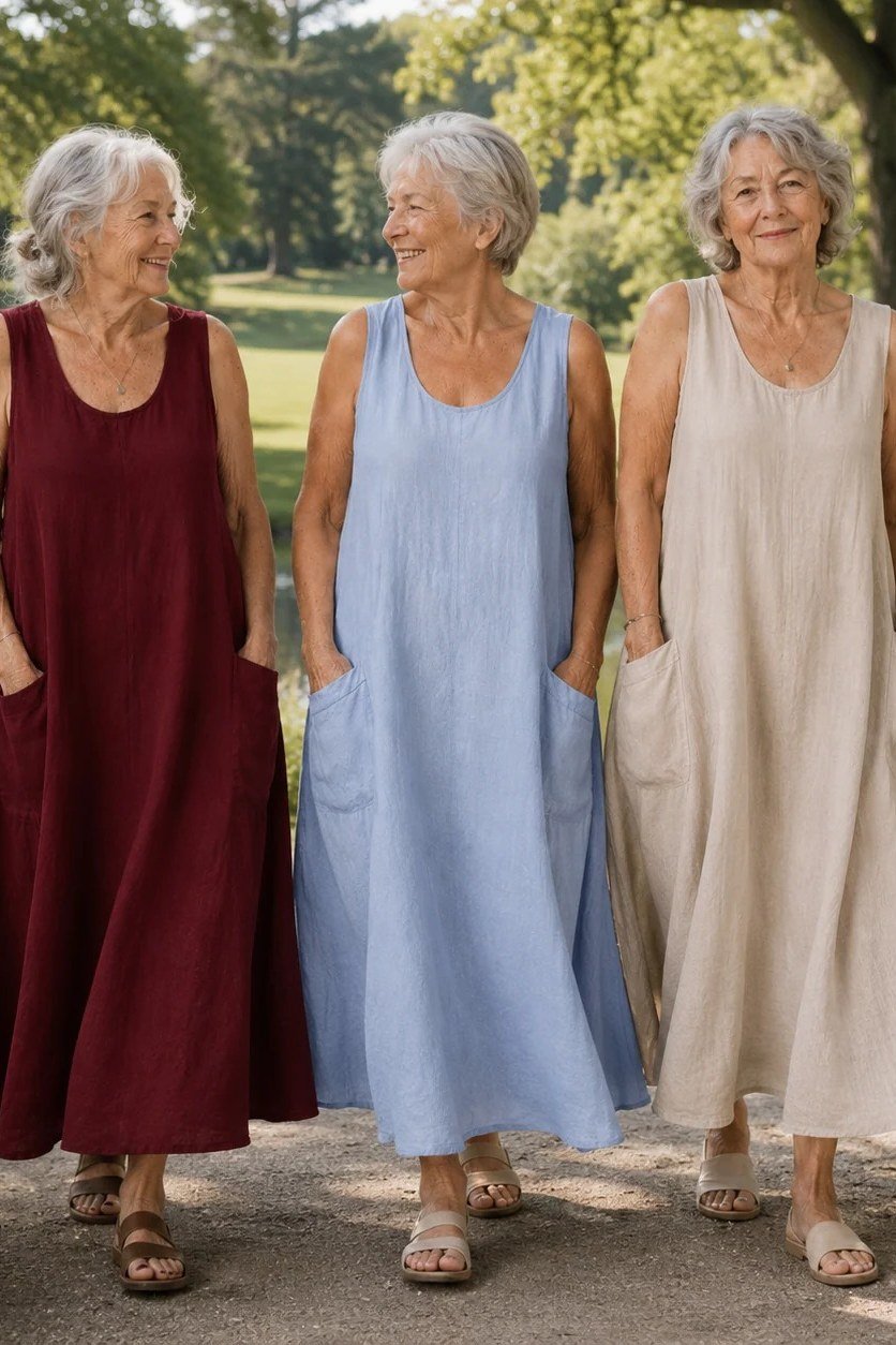 Three older women in beige, blue, and burgundy linen maxi dresses, garden - summer dress for women over 50
