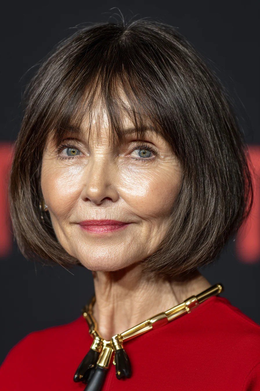 dark brown bob with bangs, front view for women over 50