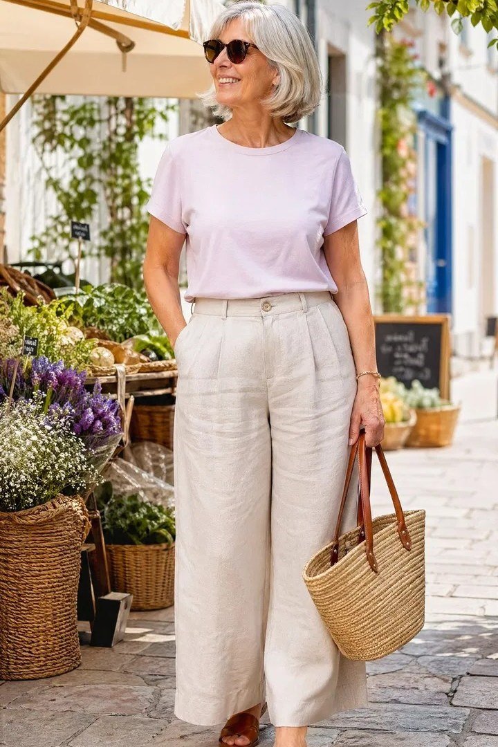 lavender tee beige wide leg pants fall outfit over 50