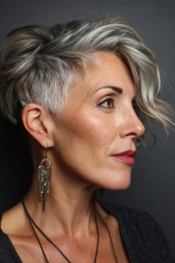 Grey pixie with long face-framing fringe, three-quarter view for women over 60