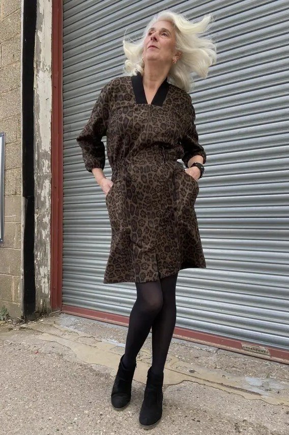 animal print shirt dress with boots for women over 60