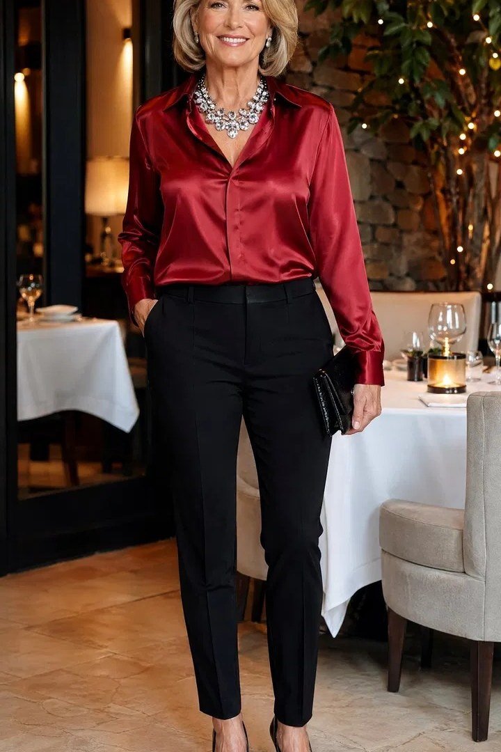 Woman over 60 in a crimson satin blouse with black trousers at a restaurant