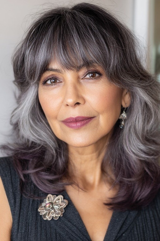Silver lavender shag with bangs for women over 60