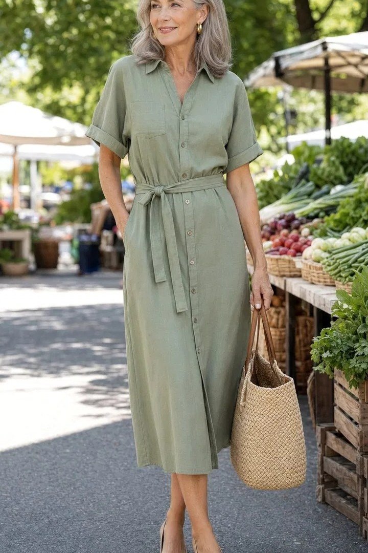 sage green shirt dress with straw tote for women over 50