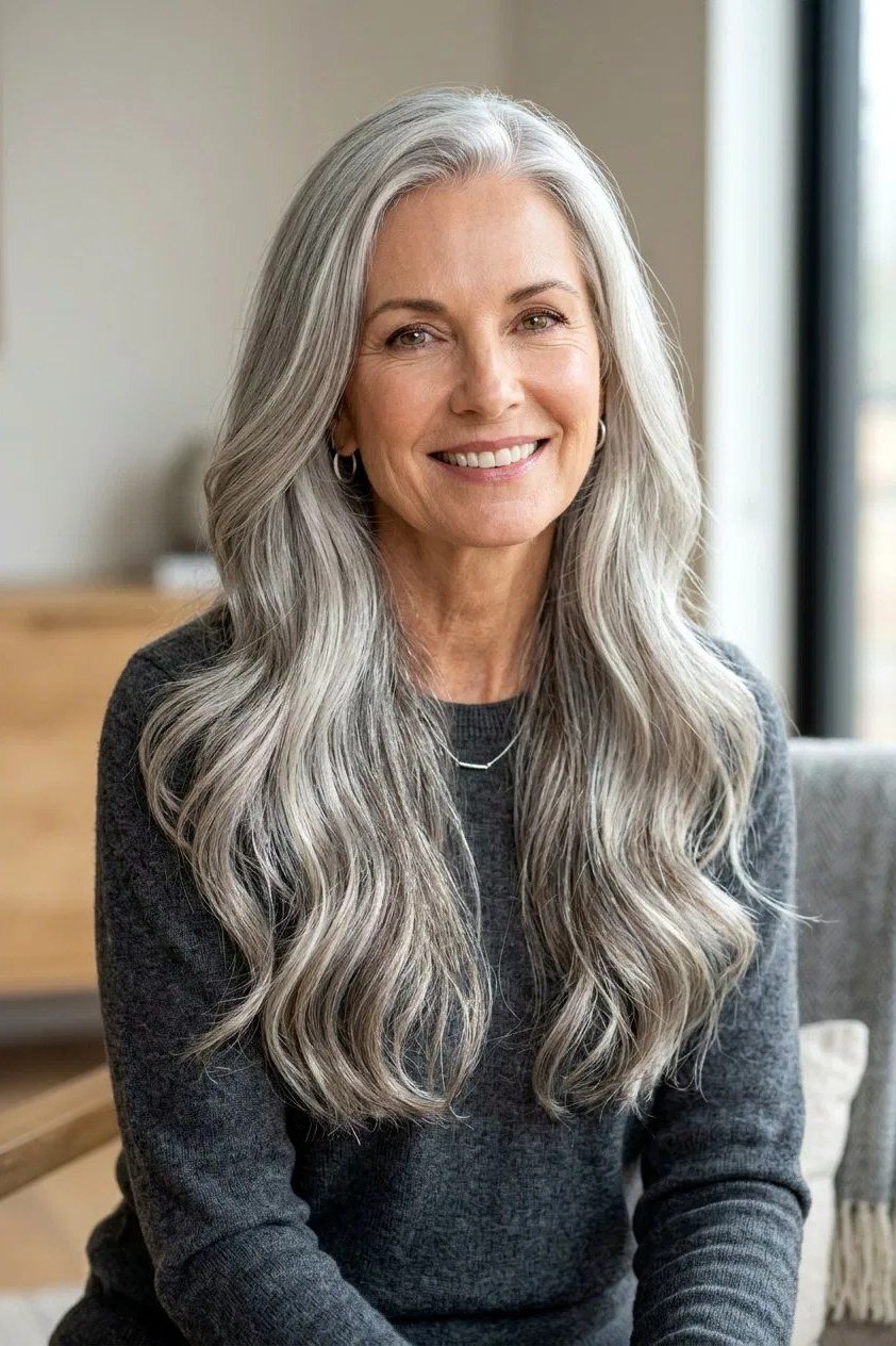 Long Wavy Silver Hair - grey hairstyle for women over 60