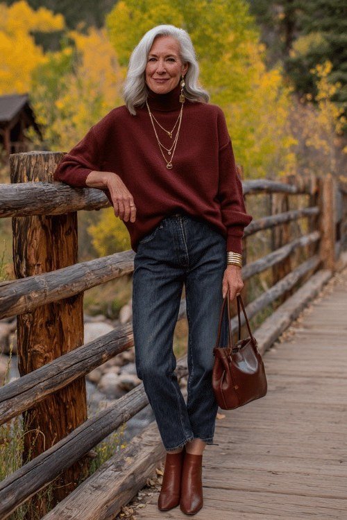 Burgundy turtleneck with dark jeans, rust ankle boots and burgundy handbag