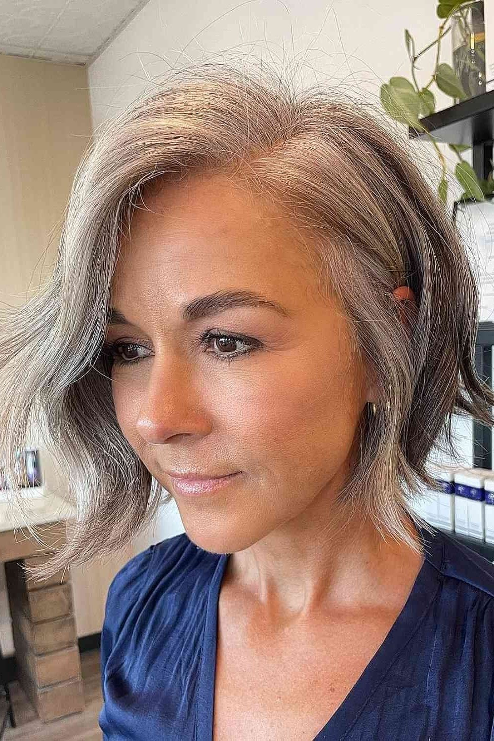 Silver textured bob, front view - wispy hairstyle for women over 40