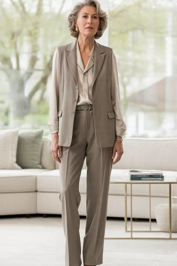 Taupe suit, grey-haired older woman in living room - business casual work outfit for women over 50