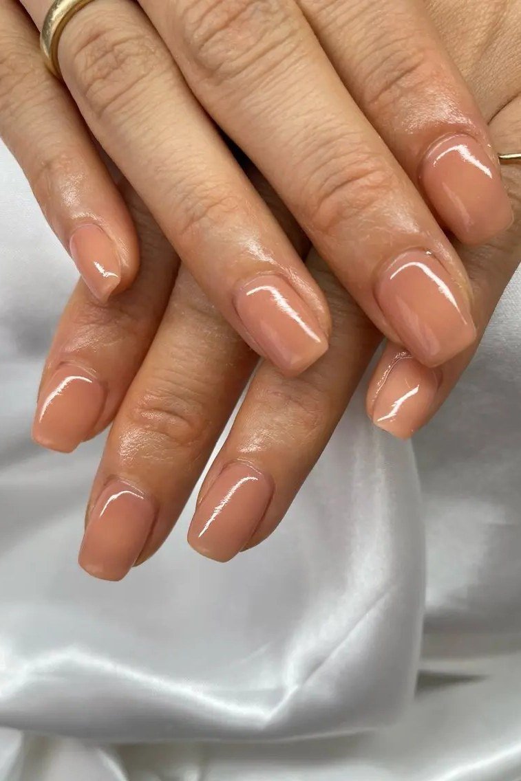 short squoval, nude pink, two mature hands on white silk , for women over 60