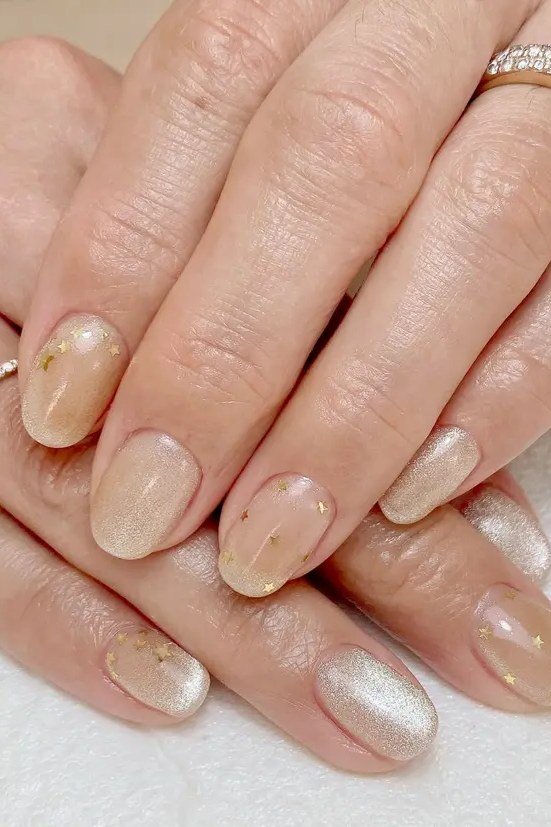 Nude and gold shimmer, mature hands - Christmas nail design for older women