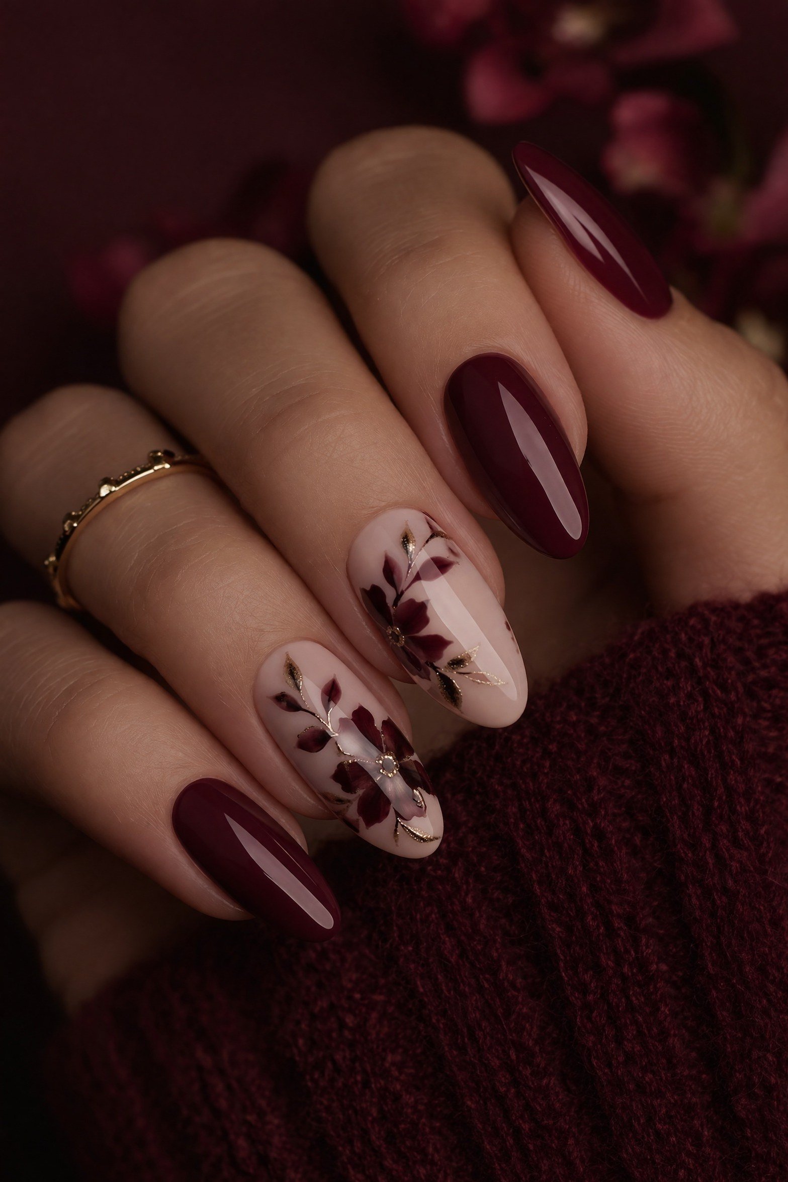 Burgundy nails with burgundy floral art, fall nail design for older women