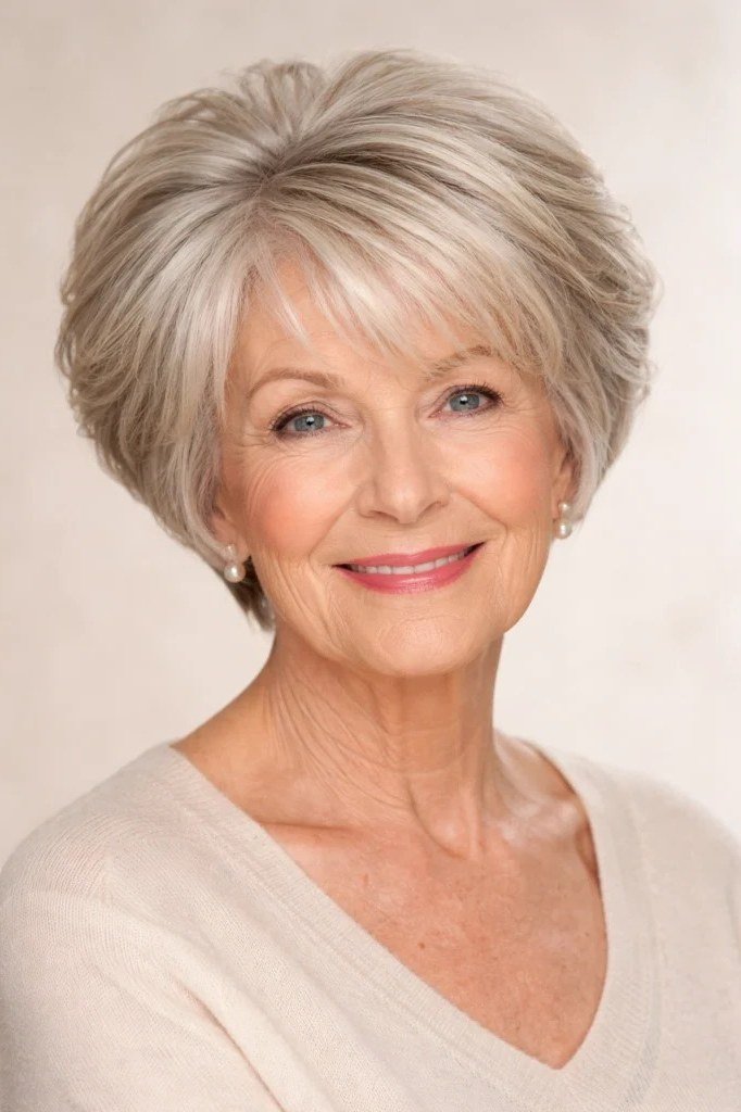 Choppy bob hairstyle for women over 60: brown short bob side black top