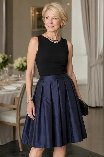 Black Top with Navy Satin Midi Skirt - evening outfit for women over 60