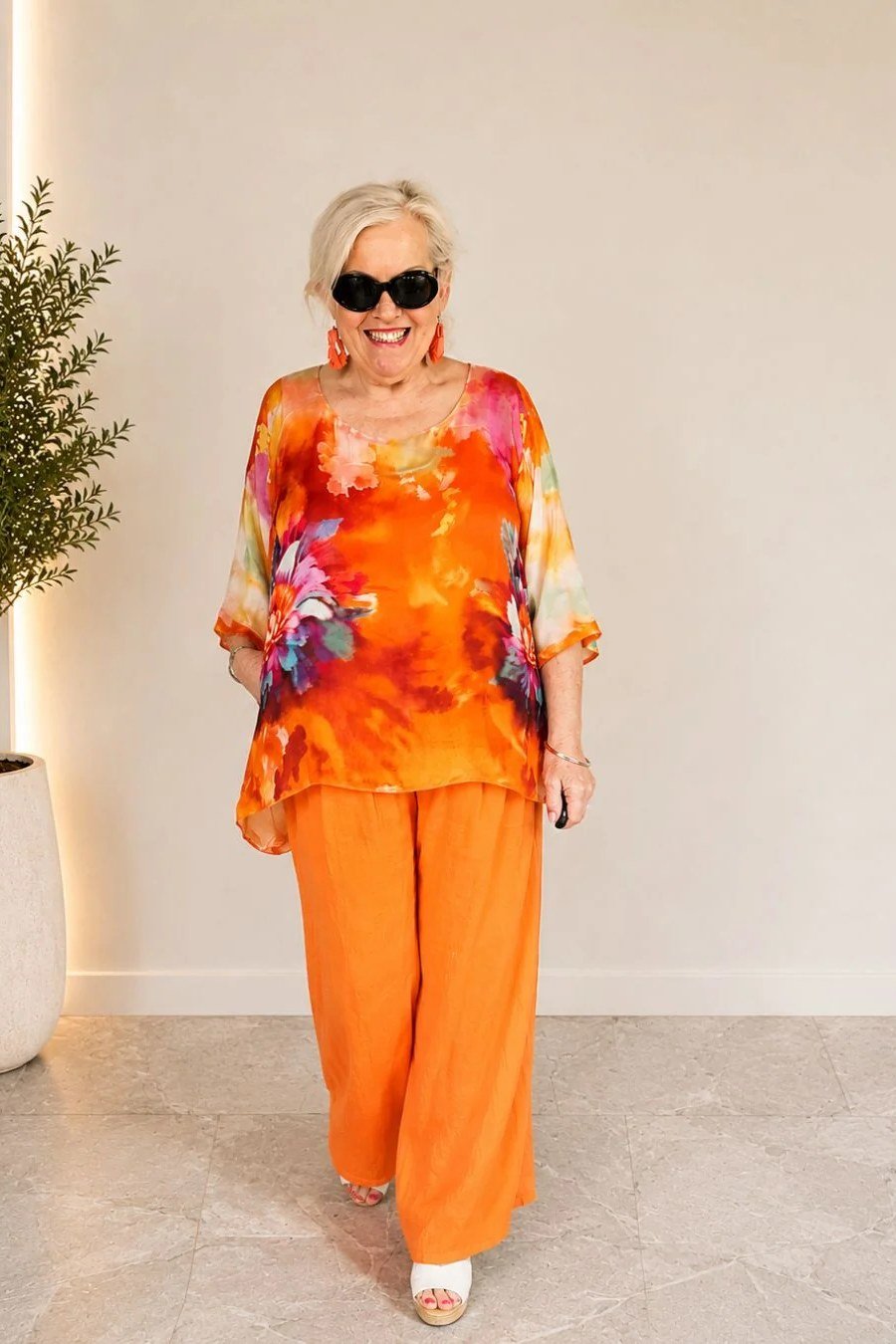 Orange Floral Set outfit for women over 70, chic style idea 63