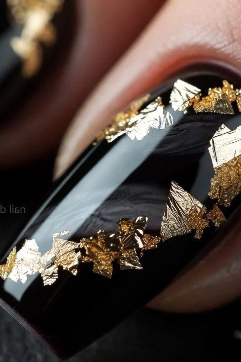 Black with Gold Foil, Close Up - short nail design for women over 40