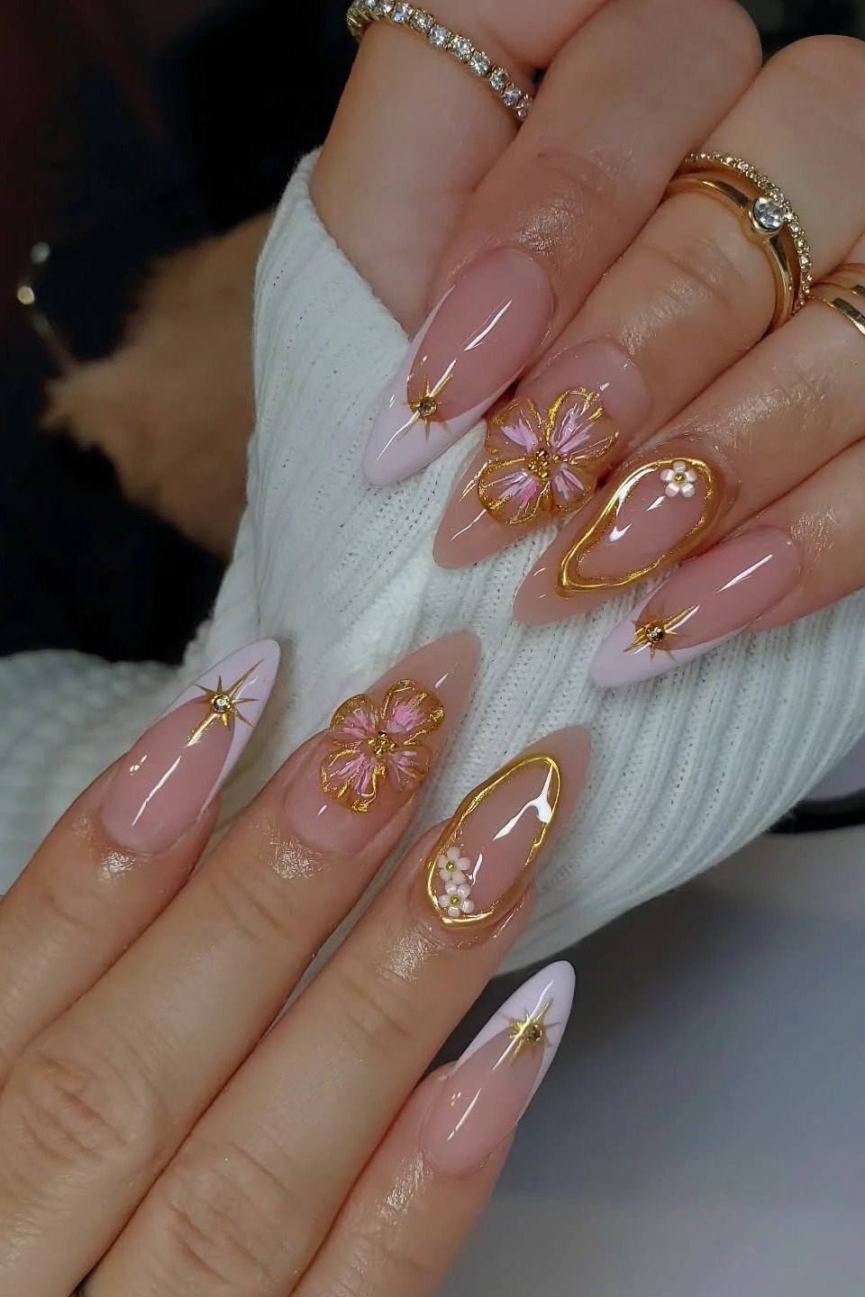 Mauve Almond Nails with Gold Floral Line Art, elegant mauve nail idea for women over 60