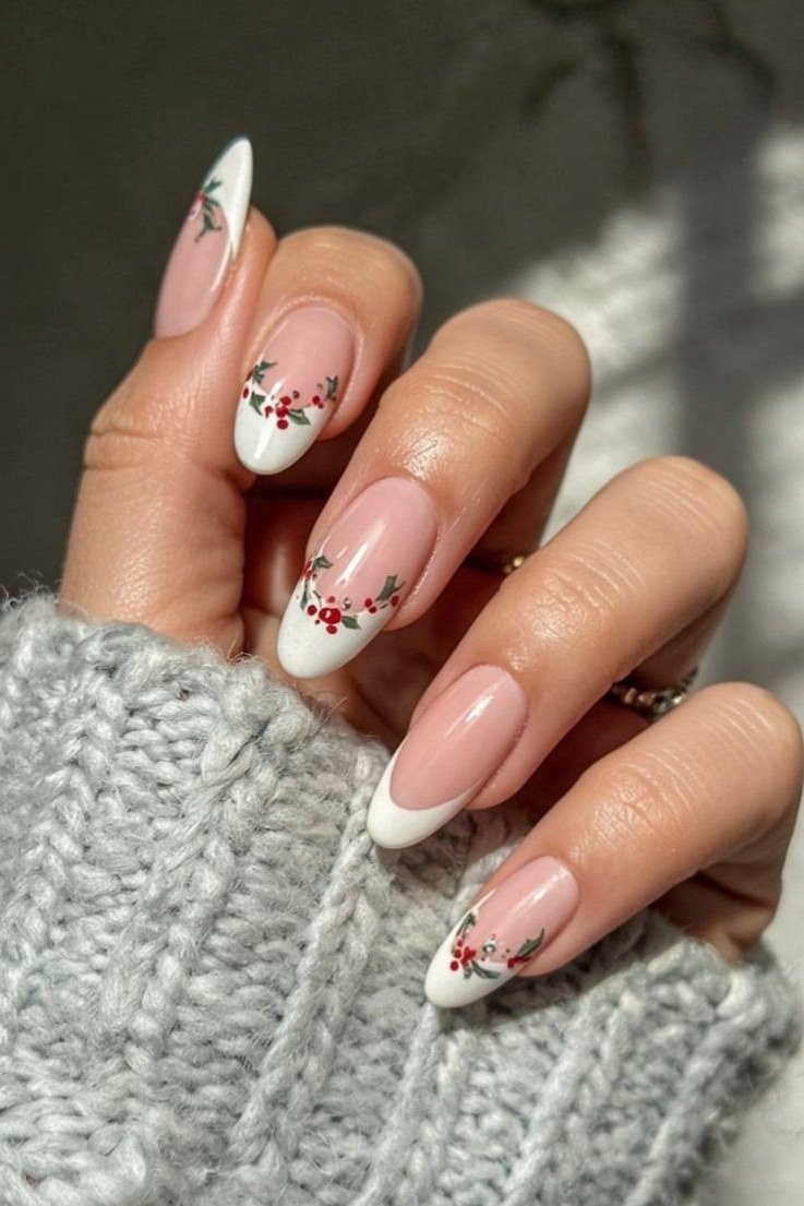 nude christmas nails with tiny holly accents