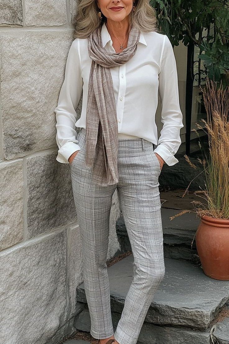 Woman over 50 in a white shirt with gray plaid trousers and a beige scarf