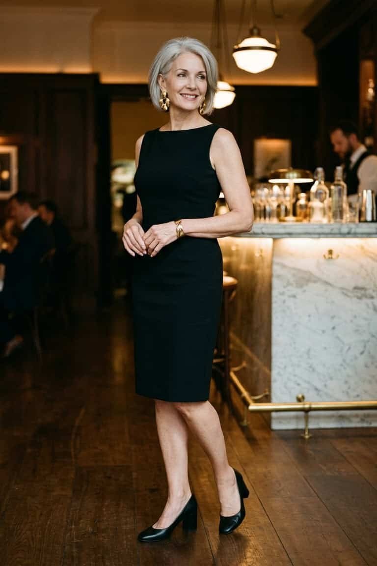 Black sleeveless sheath dress for women over 50