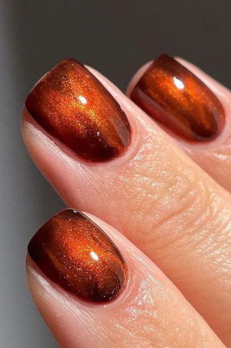 Copper Cat-Eye Almond Nails, chocolate brown fall nail design for women over 60