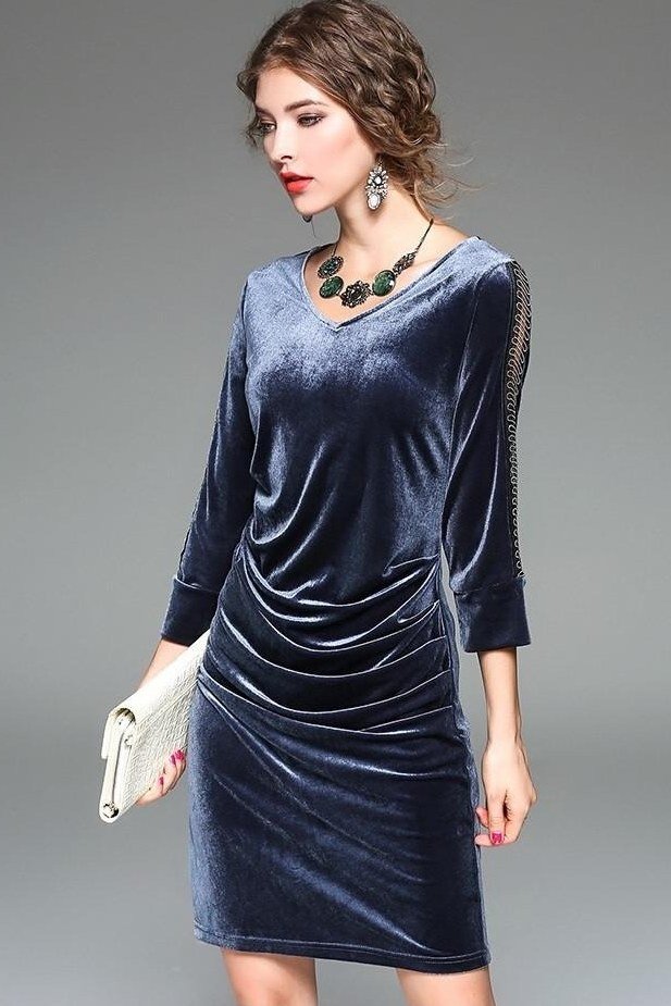 blue-grey velvet ruched dress, elegant cocktail dress for women over 60