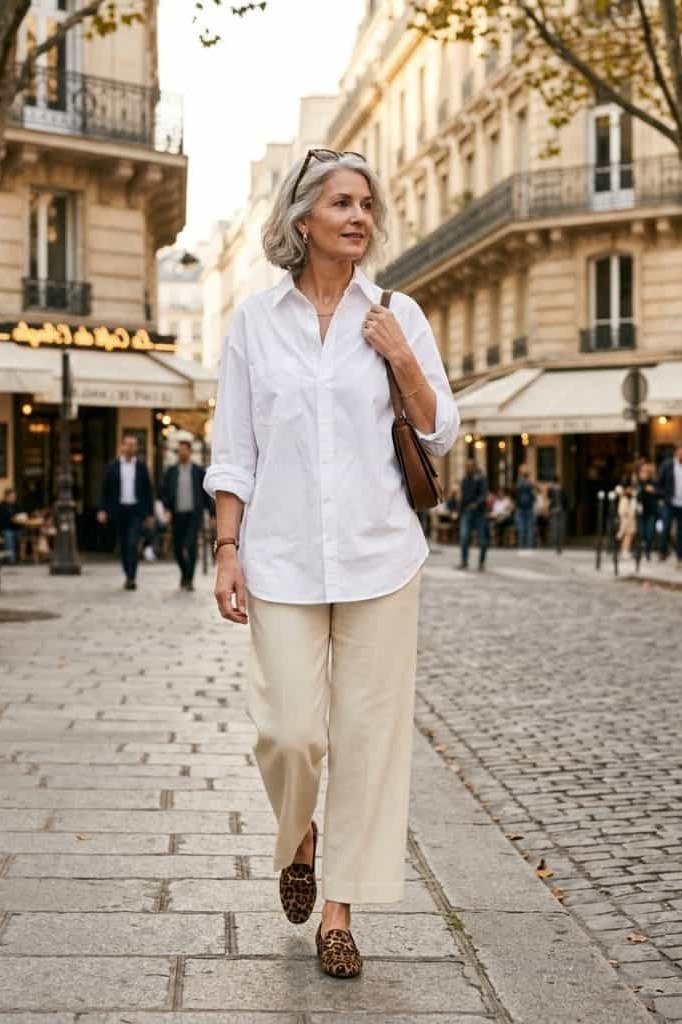 white button down beige wide trousers leopard loafers Paris street women over 50