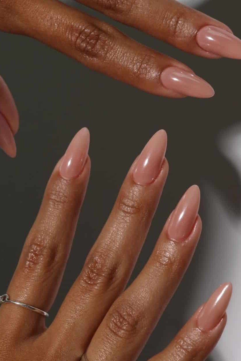 Creamy Nude Glossy Almond Nails - old money fall nail color for women over 40