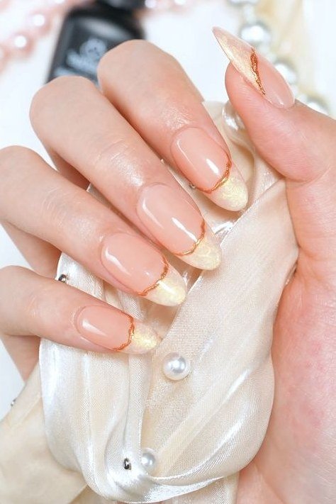 Pearl Accent Nude Nails - nude nail art idea for women over 40