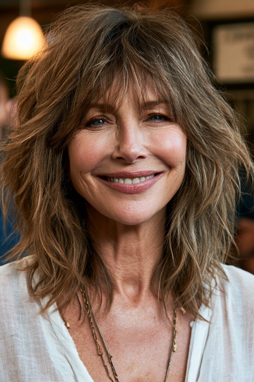 Soft Brunette Shag with Bangs - medium shag haircut for women over 40