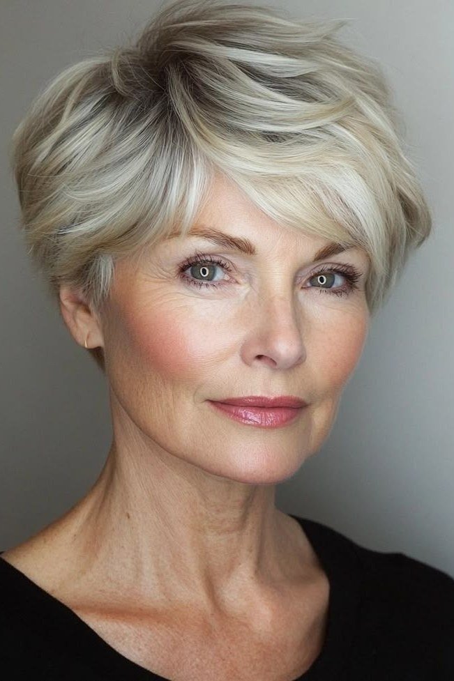 Silver blonde pixie layered with gentle smile