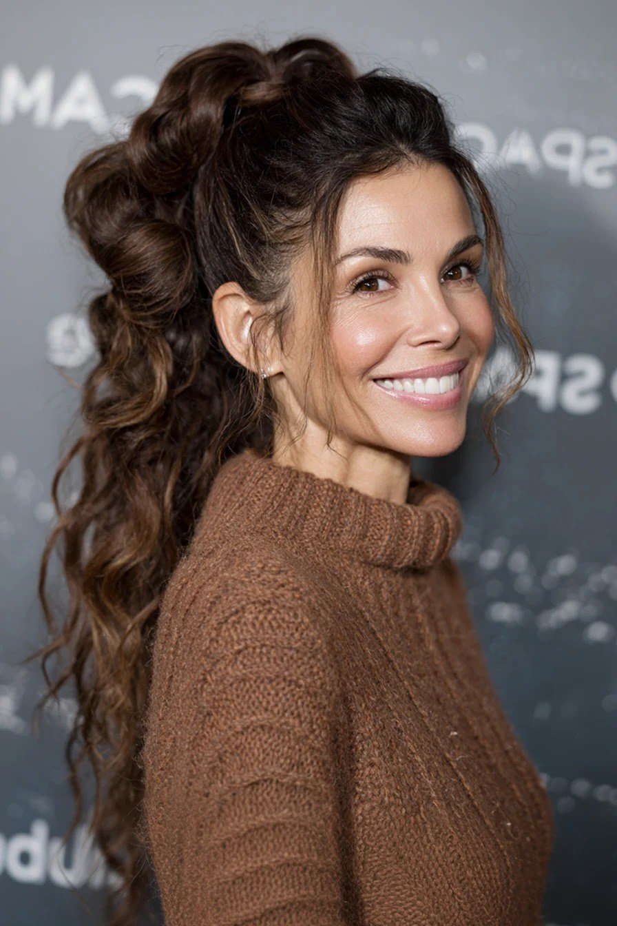 Long dark-brown curly high half-up ponytail for women over 50