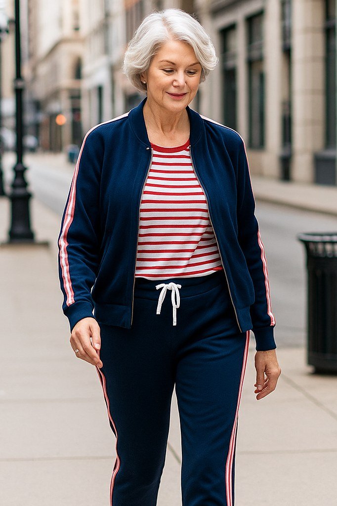 Woman over 50 wearing navy track jacket with striped tee, everyday casual outfit idea