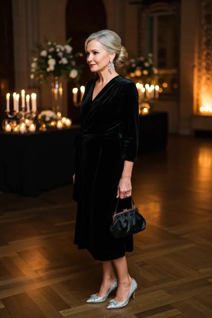 holiday evening outfit for women over 60: black velvet wrap dress