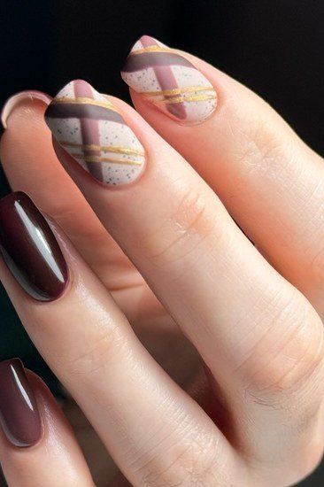 64. Chocolate Nails With Plaid and Stripes - Thanksgiving nail art idea for women over 50