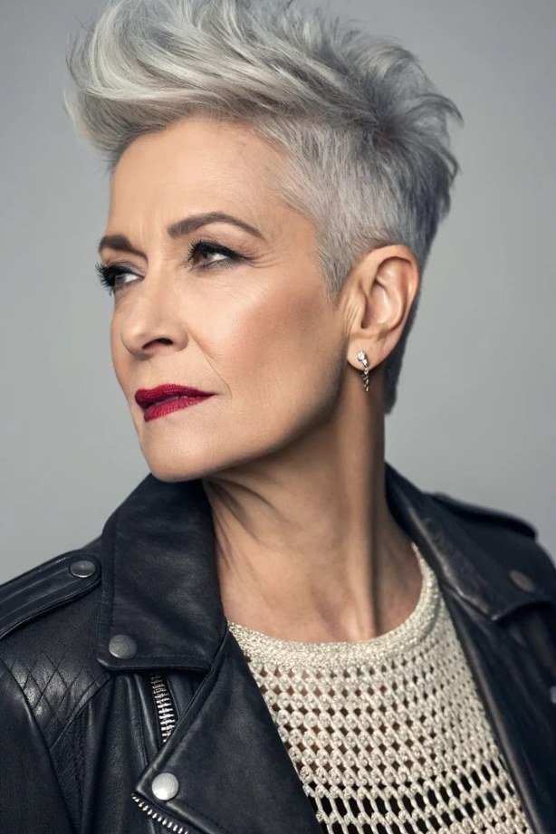 Grey Pixie with Red Lips and Leather - bold edgy pixie haircut for women over 50