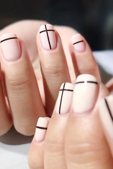 Vertical and Cross Line Art - short nail design for women over 60 that makes nails look longer
